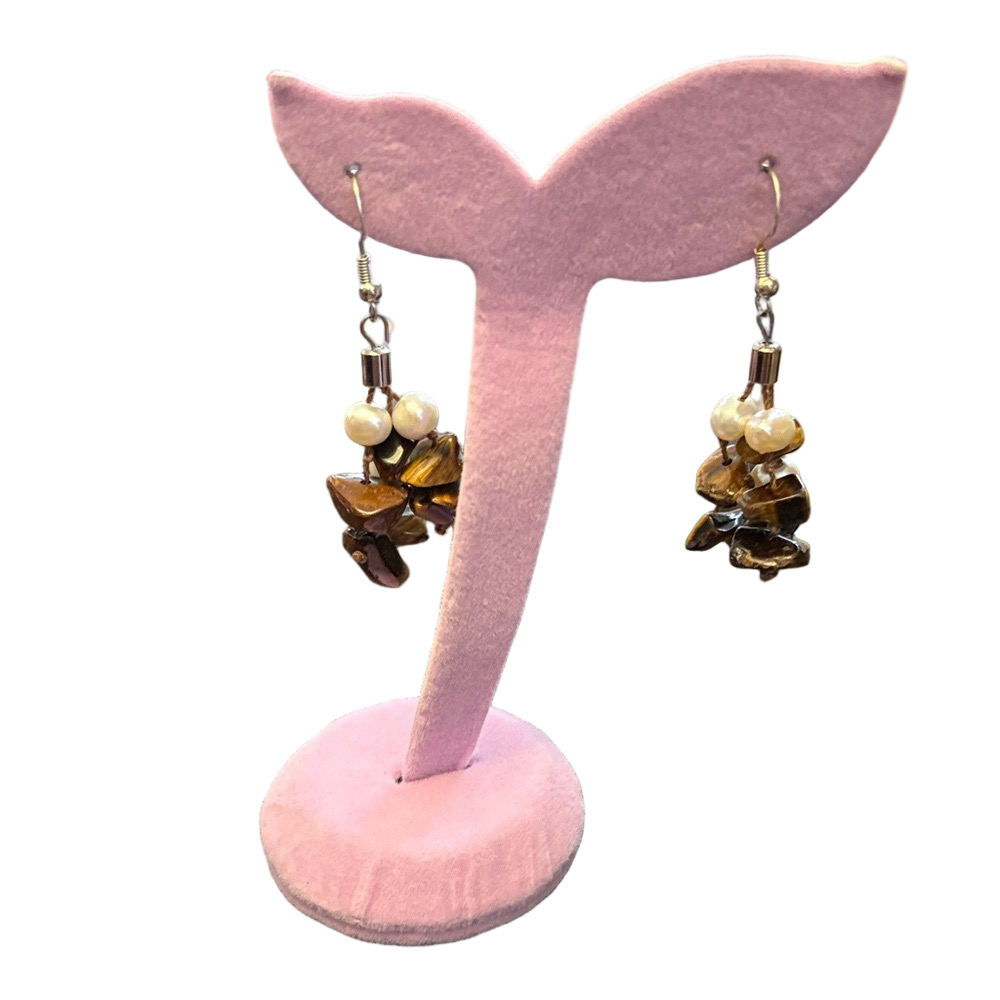 925 Silver Cluster Drop Earrings With Tiger Eye Gems And Freshwater Pearls